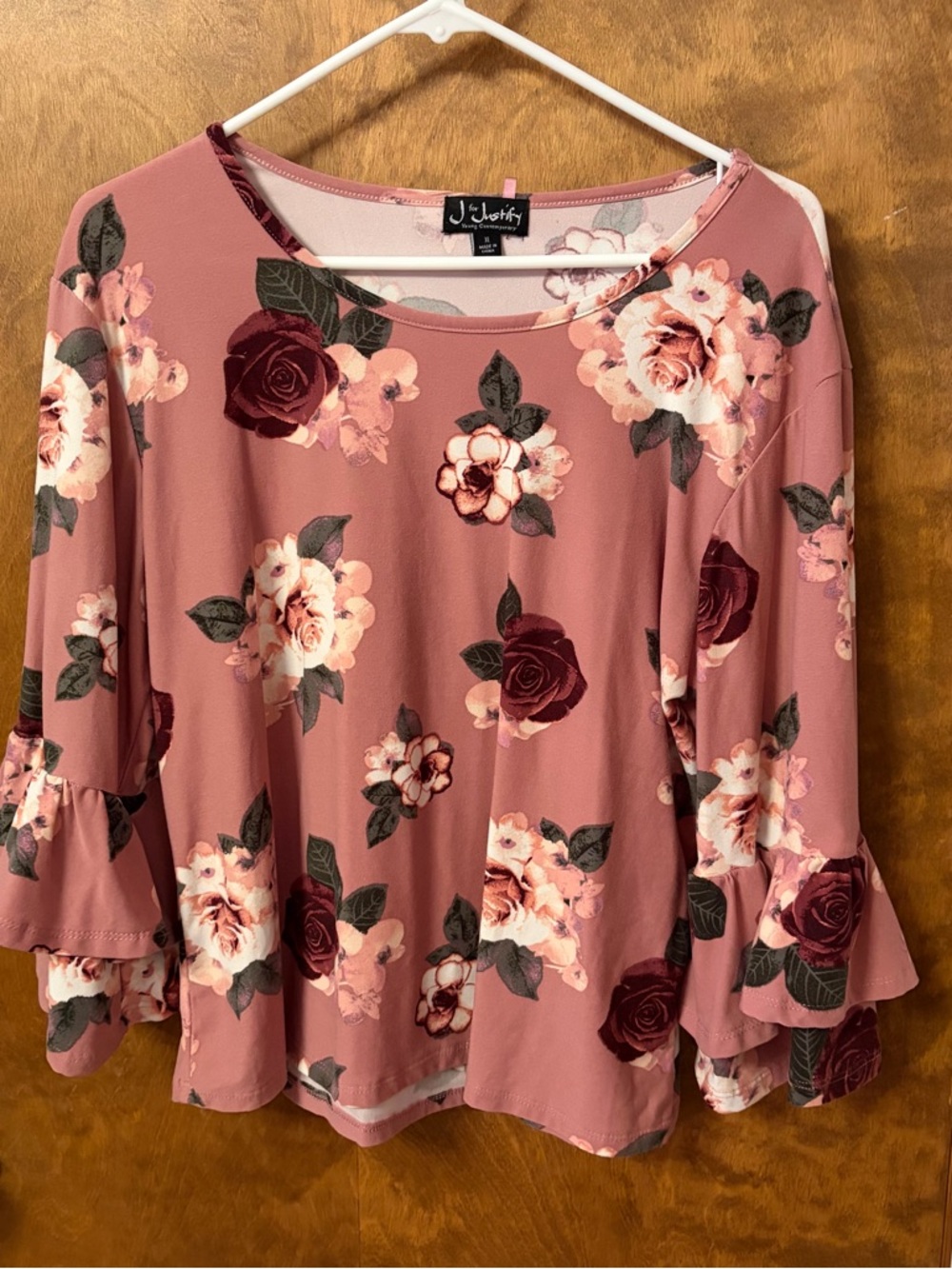 J for Justify Rose Print Ruffle Sleeve Long Sleeve Top - Mauve & Burgundy XL